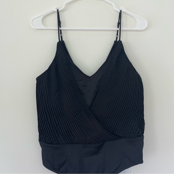 Zara Bodysuit Pleated Draped Black Top Buttons Women Size S Spaghetti Straps - Picture 10 of 16